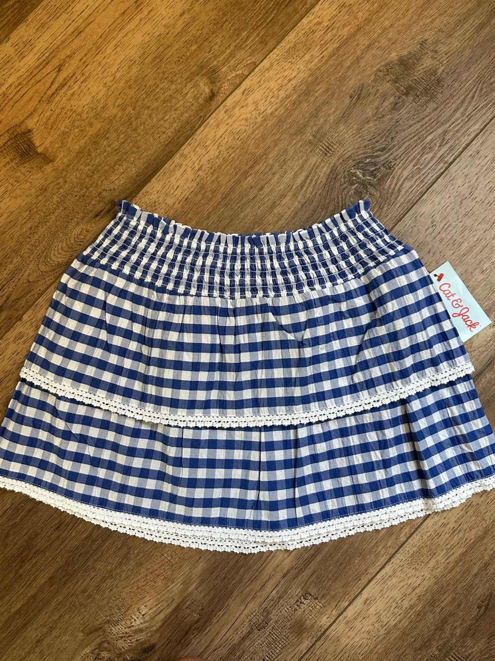NWT! Cat & Jack‎ Girls Gingham Print Tiered Skirt, Textured, Lace, Blue, S (6/7)
